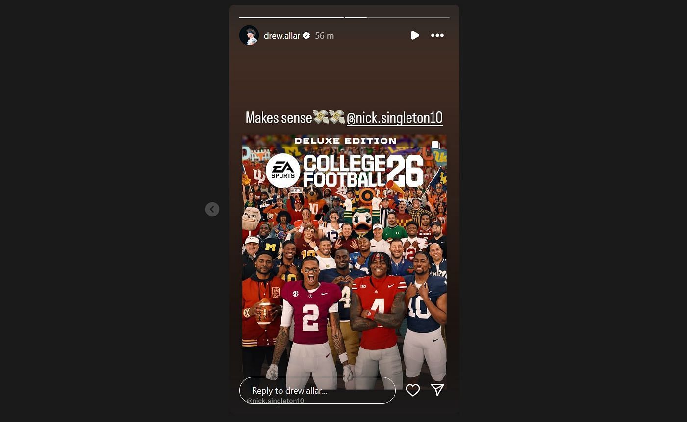 Drew Allar gave a shout-out to Nick Singleton for featuring on the EA Sports College Football 26 Deluxe Edition cover. (Credit: IG/@drew.allar)